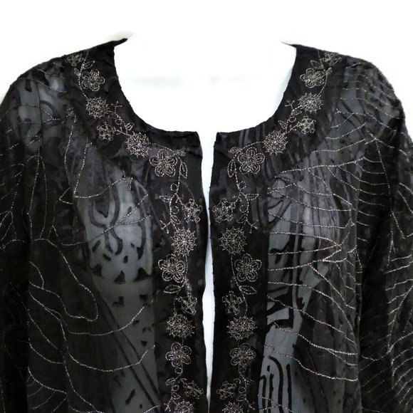 SiLK Rayon Metallic Blend Chicos Kimono Jacket Sheer Lame Black Floral 2 L 12 - Picture 4 of 8
